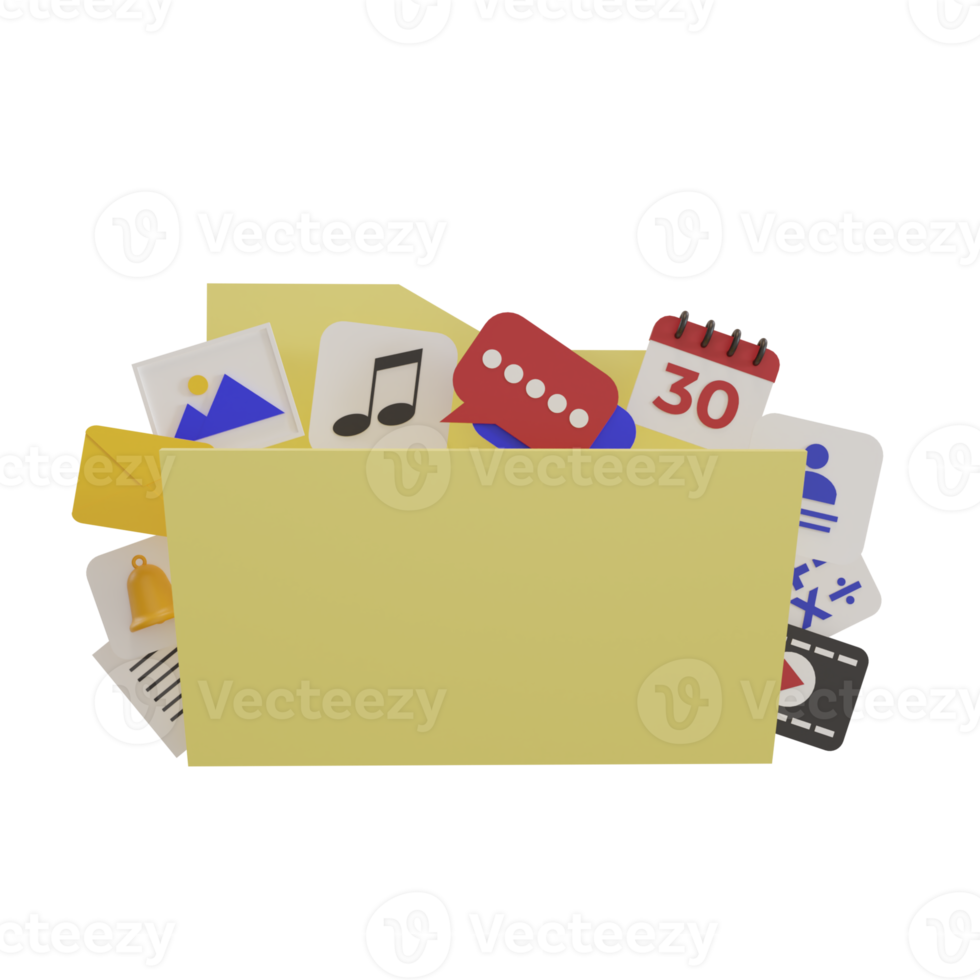 3d rendering of folder icons with various application icons such as calendar, photo, video player, music player, file storage concept in one folder png