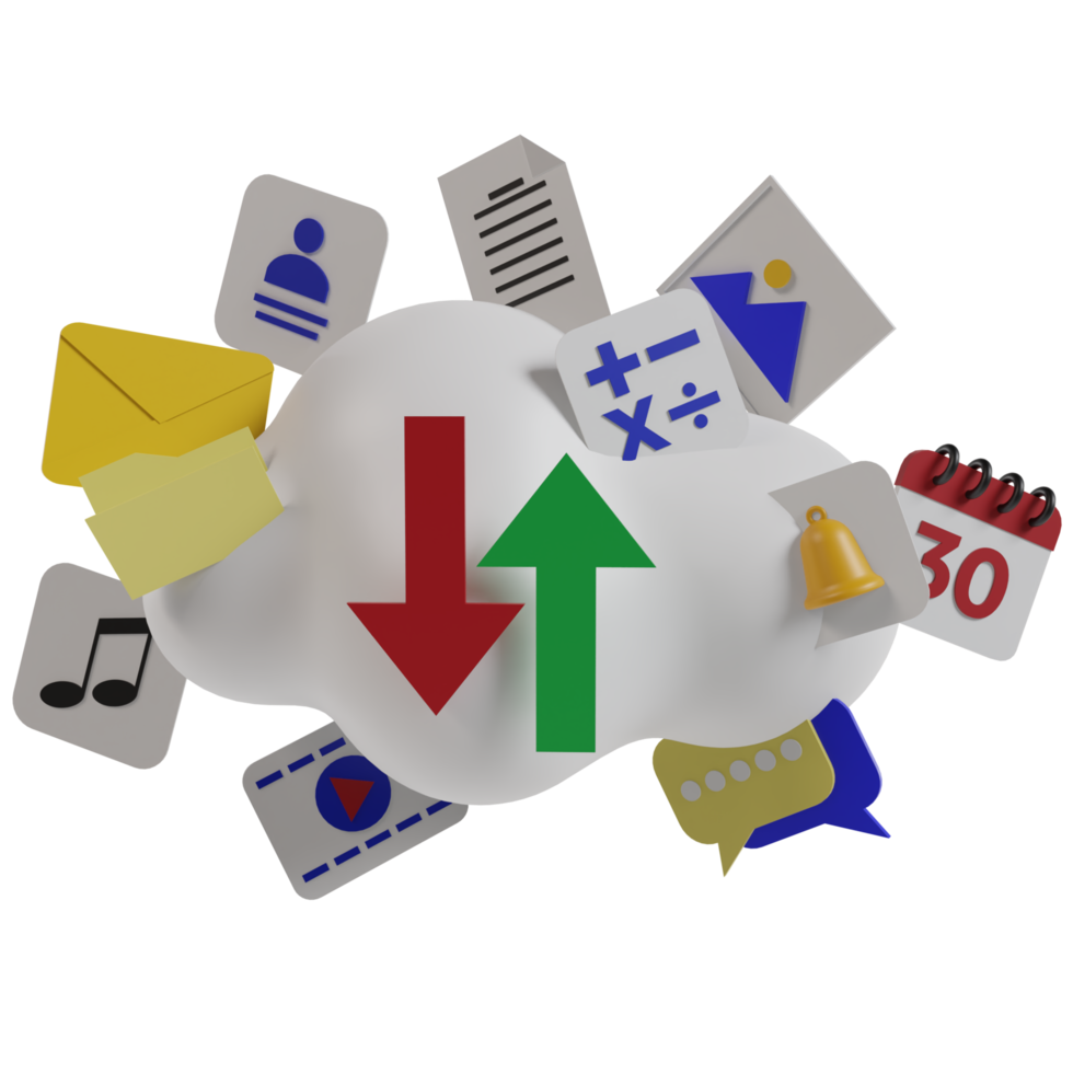 cloud icons with mobile phone and computer application icons, such as contacts, folders, music, video player, reminders, calendar icons. concept of data storage or backup. 3D render illustration png