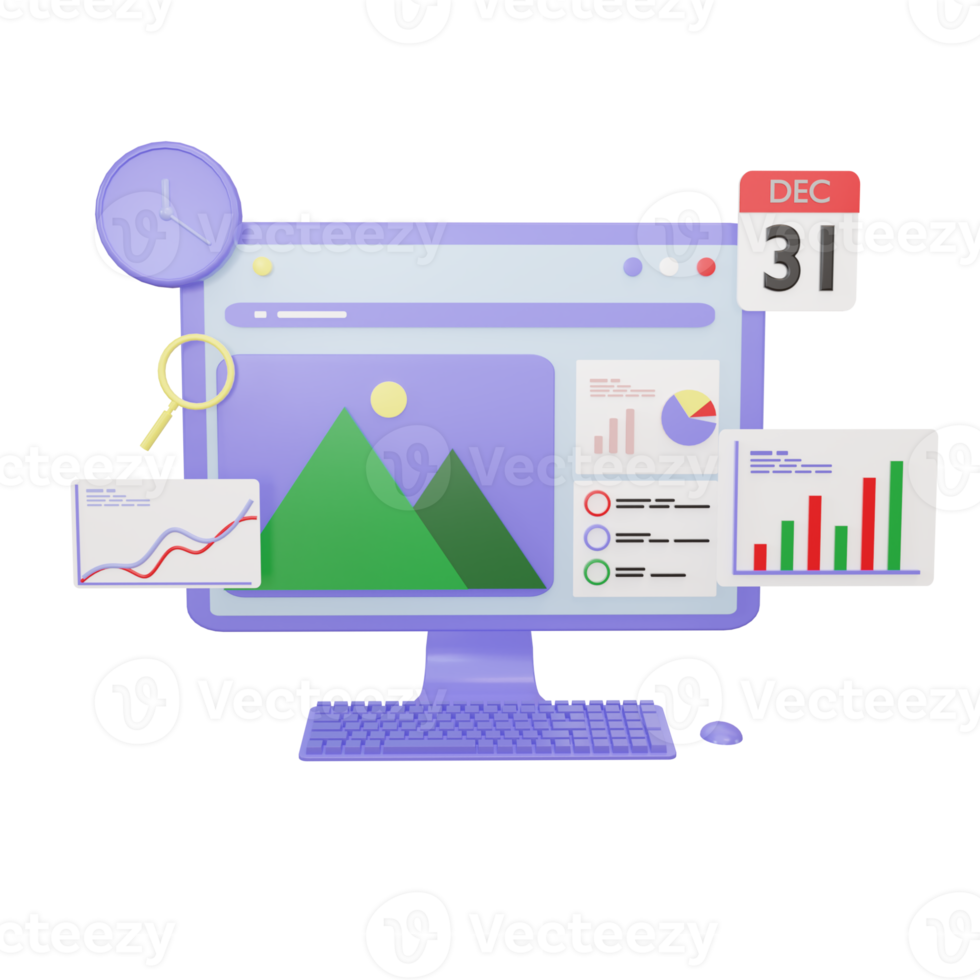 Schermo del desktop del computer 3D con seo. concetto di ottimizzazione dei motori di ricerca png