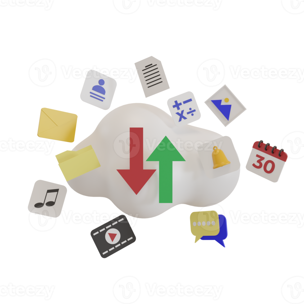 cloudpictogrammen met pictogrammen voor mobiele telefoons en computers, zoals contacten, mappen, muziek, videospeler, herinneringen, kalenderpictogrammen. concept van gegevensopslag of back-up. 3D render illustratie png