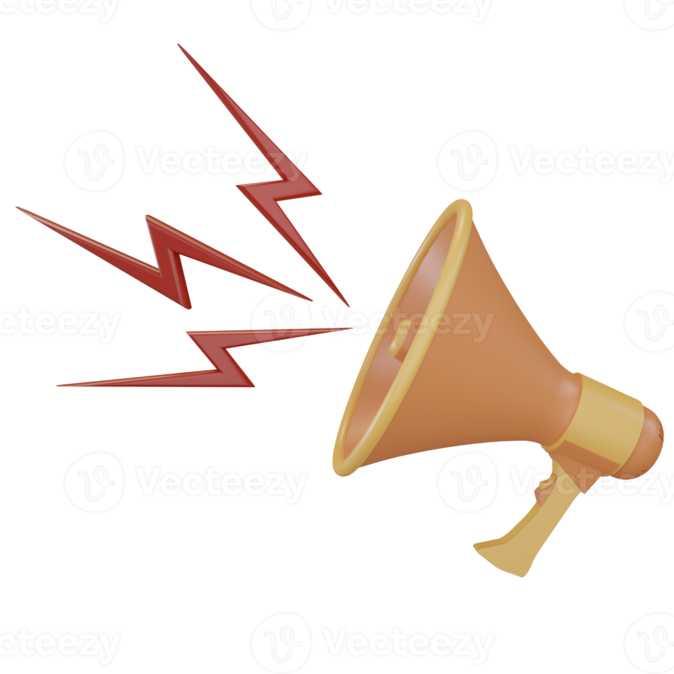 set of 3d render megaphone loudspeaker icon for sound message, orange color with red lightning png