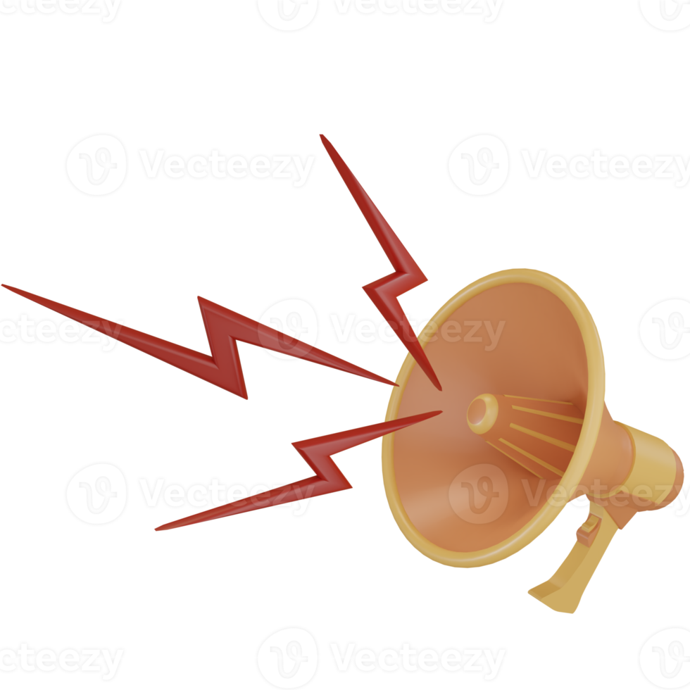 set of 3d render megaphone loudspeaker icon for sound message, orange color with red lightning png