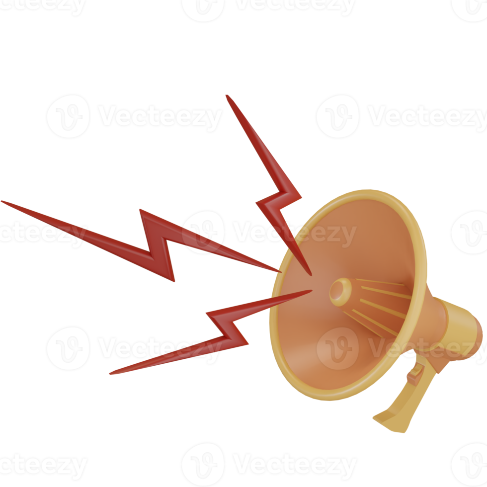 set of 3d render megaphone loudspeaker icon for sound message, orange color with red lightning png