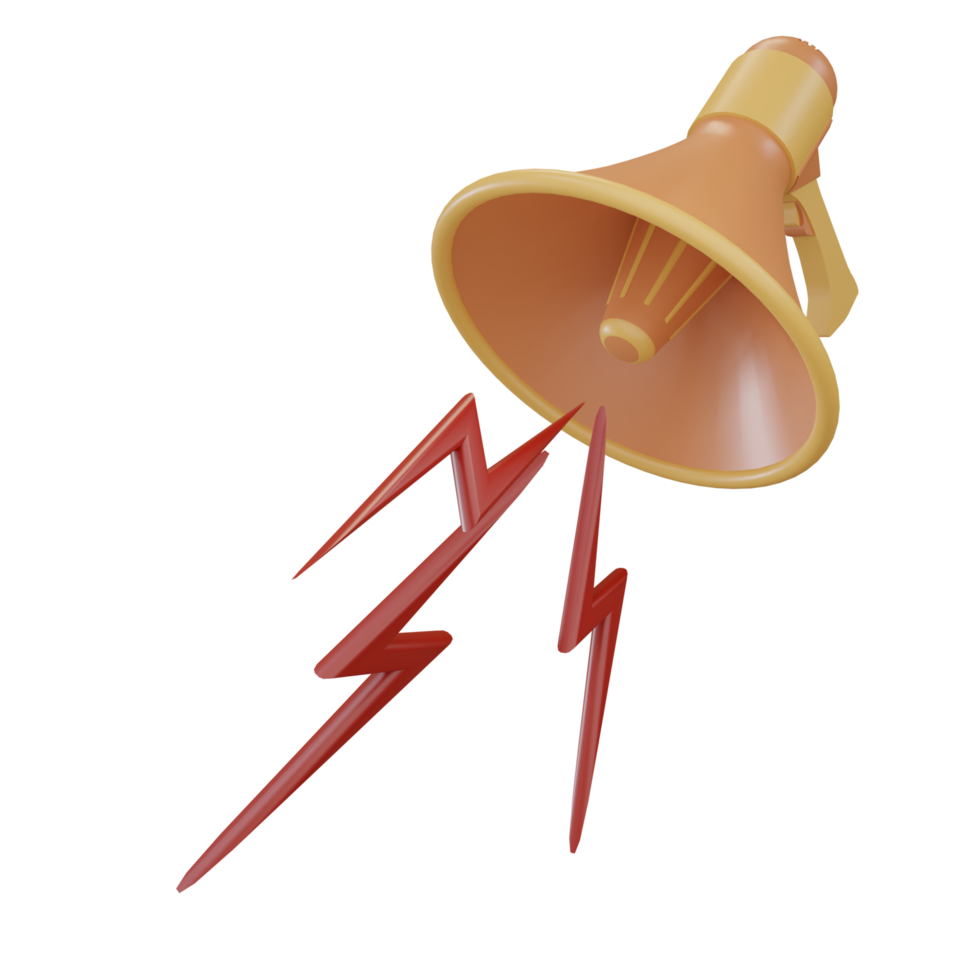 set of 3d render megaphone loudspeaker icon for sound message, orange color with red lightning png