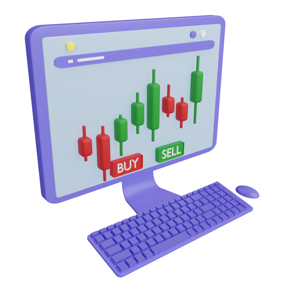 Representación 3d de la computadora de escritorio con gráfico de velas de precio de acciones en pantalla. gráfico de descensos y aumentos de existencias. png