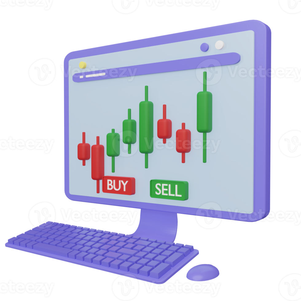 3d rendering of desktop computer with stock price candlestick chart on screen. Graph of stock declines and increases. png