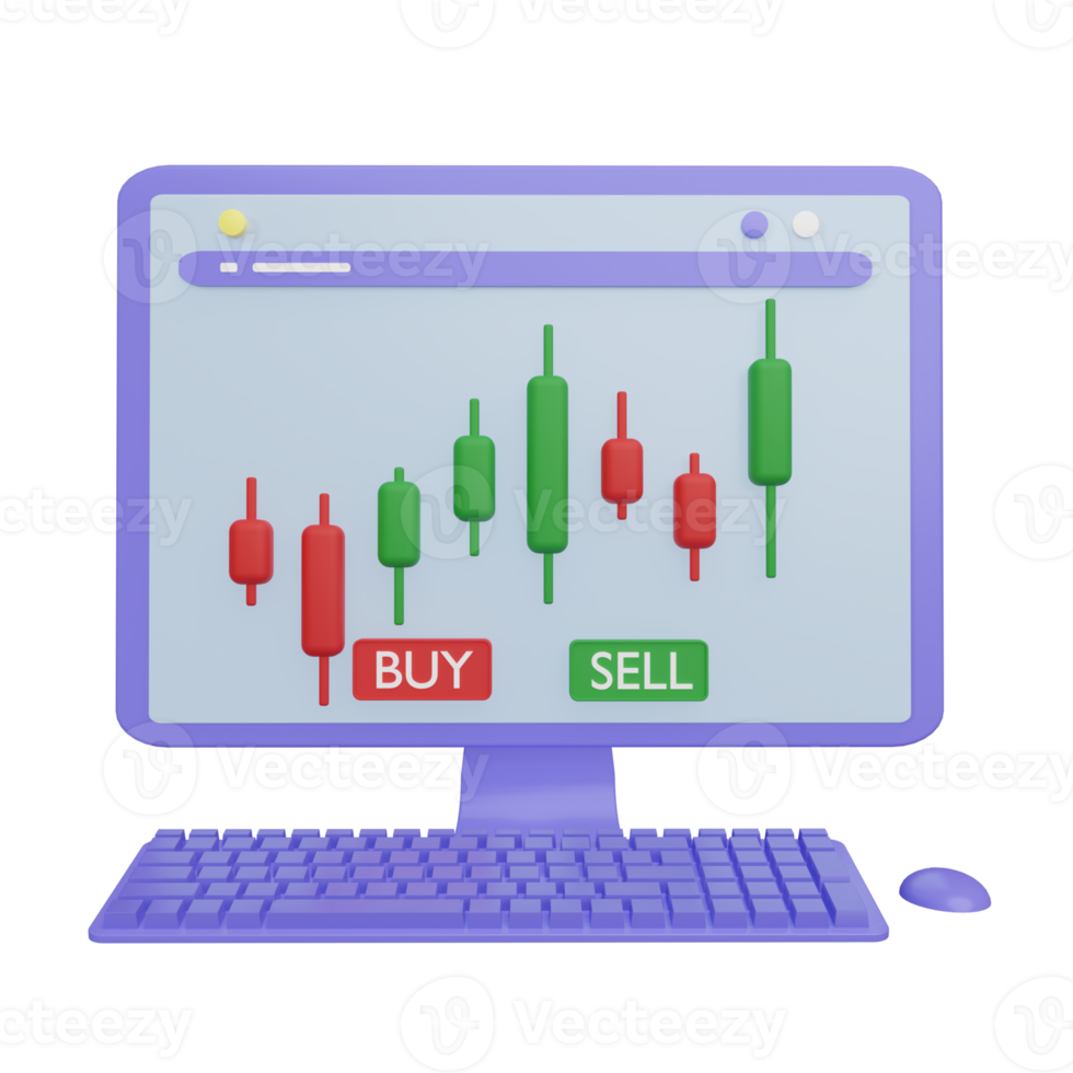 3d rendering of desktop computer with stock price candlestick chart on screen. Graph of stock declines and increases. png