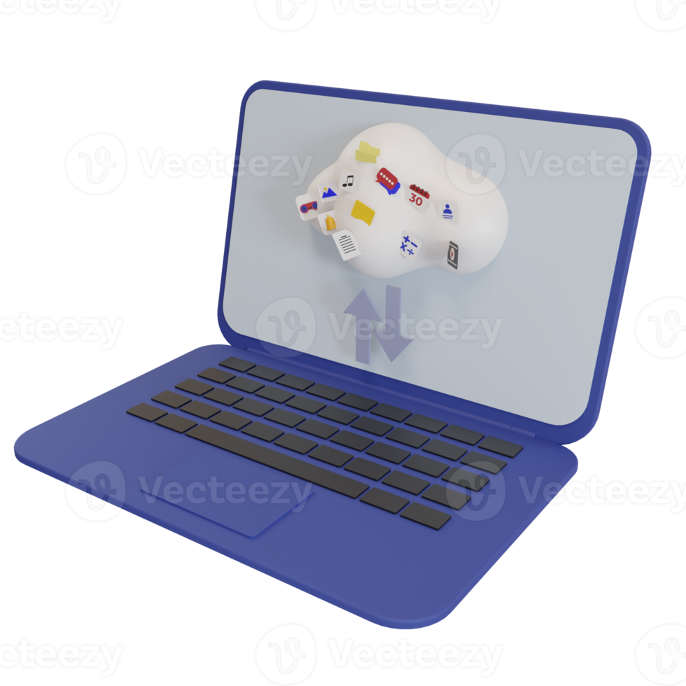 3d rendering of laptop or notebook uploading and downloading files in cloud storage png