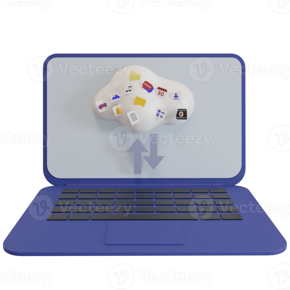 3d rendering of laptop or notebook uploading and downloading files in cloud storage png