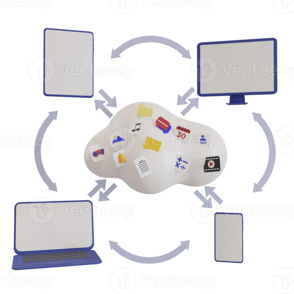 Nuvem 3D com arquivos de aplicativos de computador, laptop e celular, conceito de backup de dados png