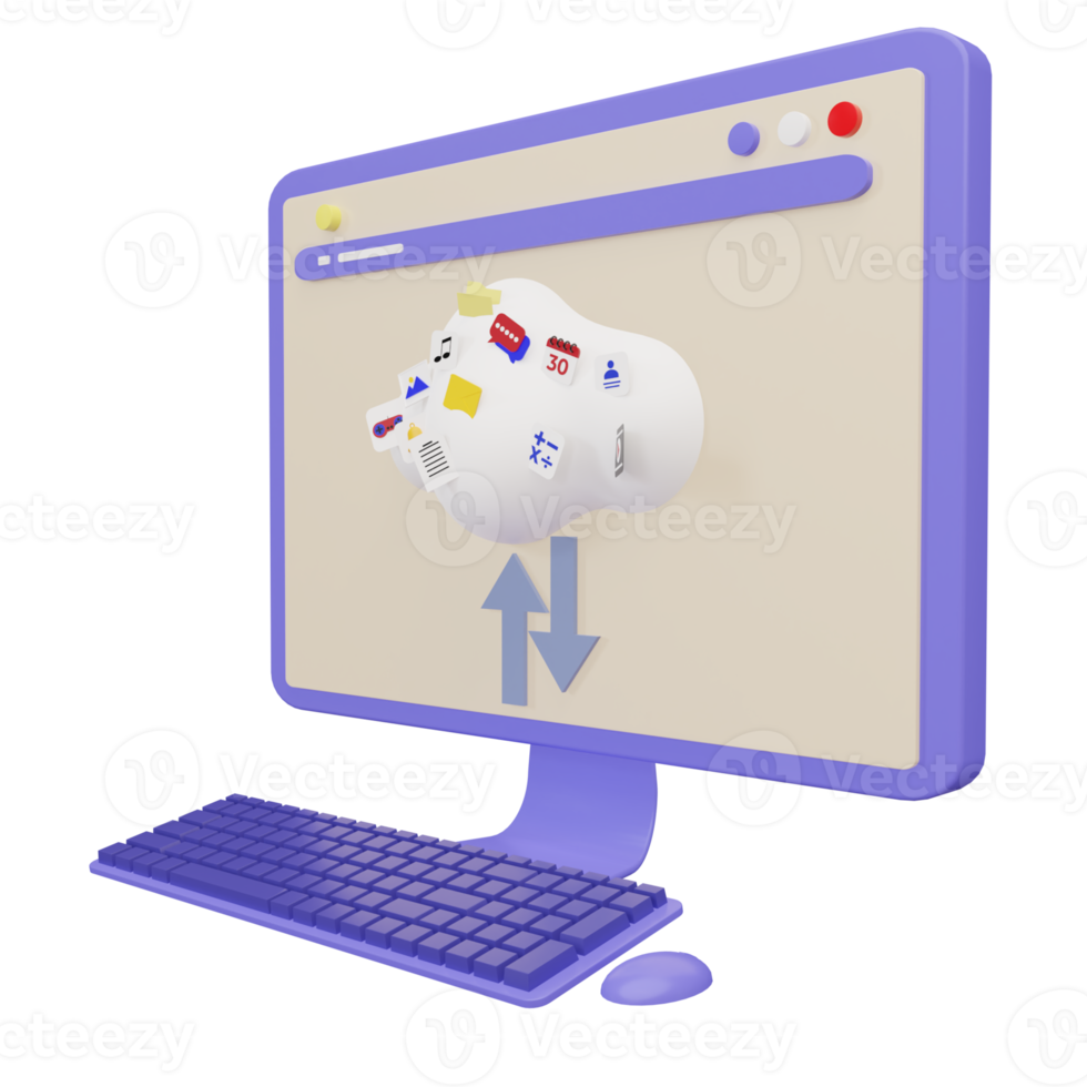 3d rendering of desktop computer uploading and downloading files in cloud storage png