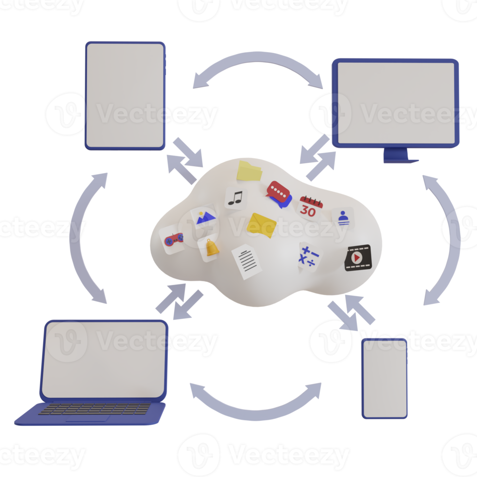Nuvem 3D com arquivos de aplicativos de computador, laptop e celular, conceito de backup de dados png
