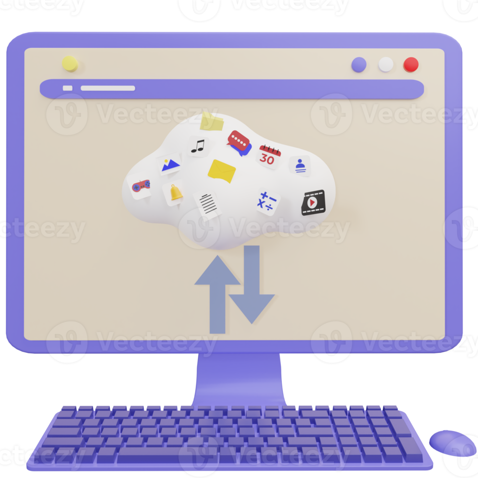 3D-rendering av stationär dator som laddar upp och laddar ner filer i molnlagring png