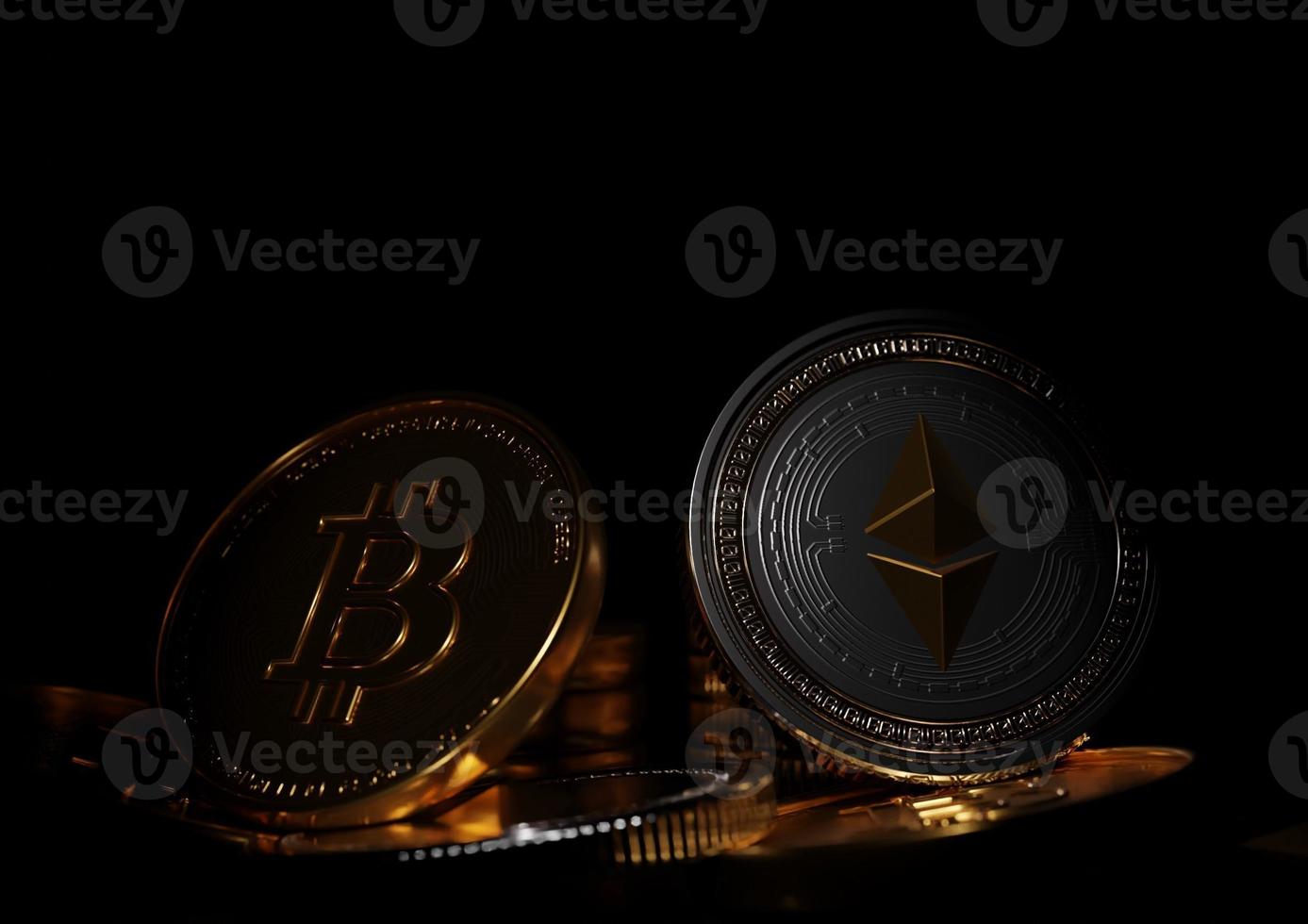 bitcoin and ethereum on black background, 3d bitcoin coins photo