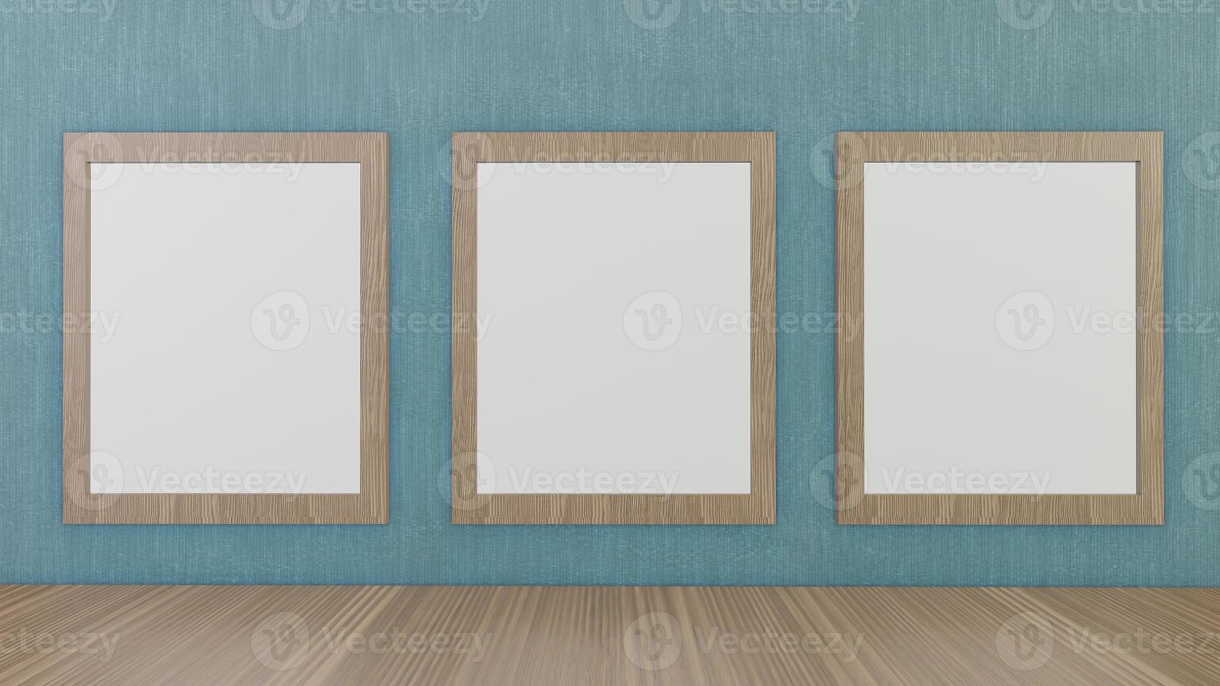 The blank picture frames on green wallpaper  for background 3d rendering photo