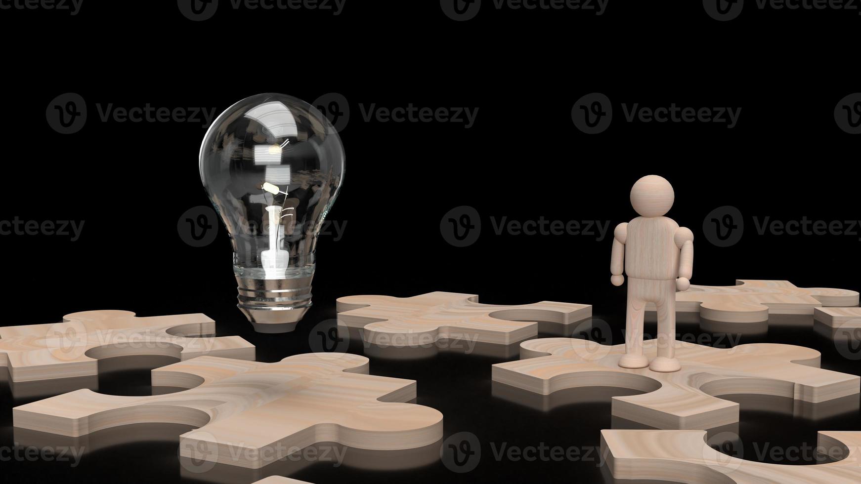 The Light bulb and wood human figure on jigsaw 3d rendering. photo