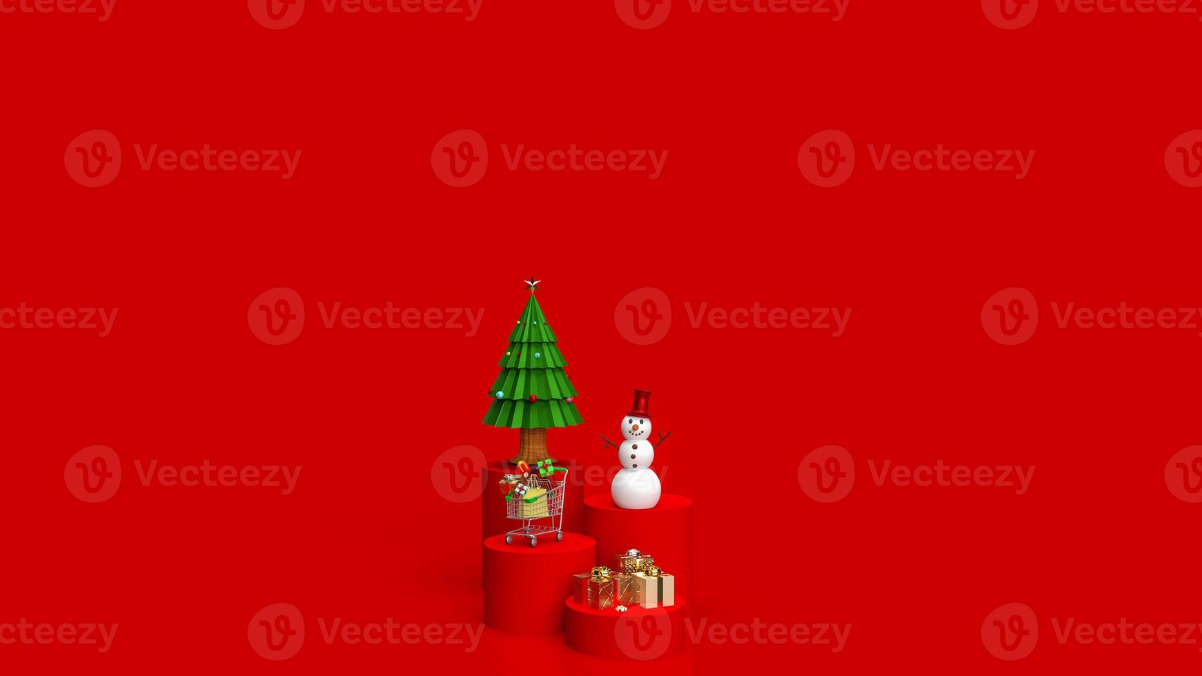 el árbol de navidad y el muñeco de nieve en tono de color rojo para la representación 3d del concepto de vacaciones o negocios foto