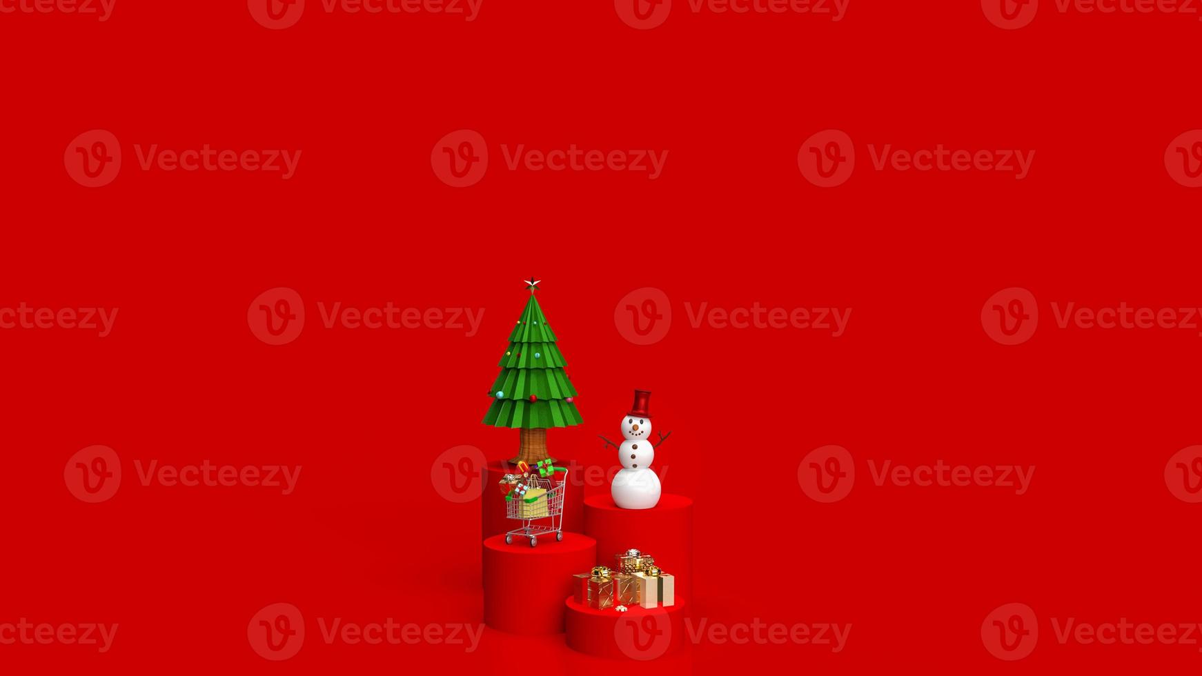 The  Christmas tree and snowman on red color tone for holiday or business concept 3d rendering photo