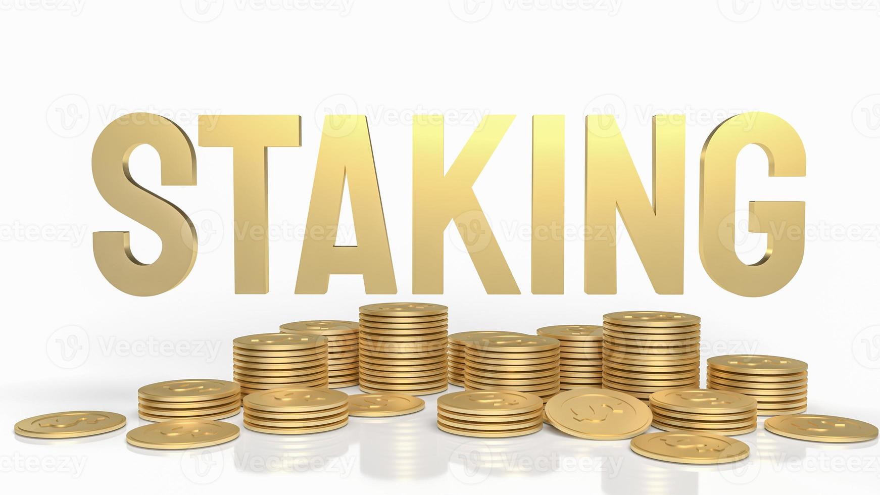 The gold word staking and gold coins for business or cryptocurrency concept 3d rendering. photo