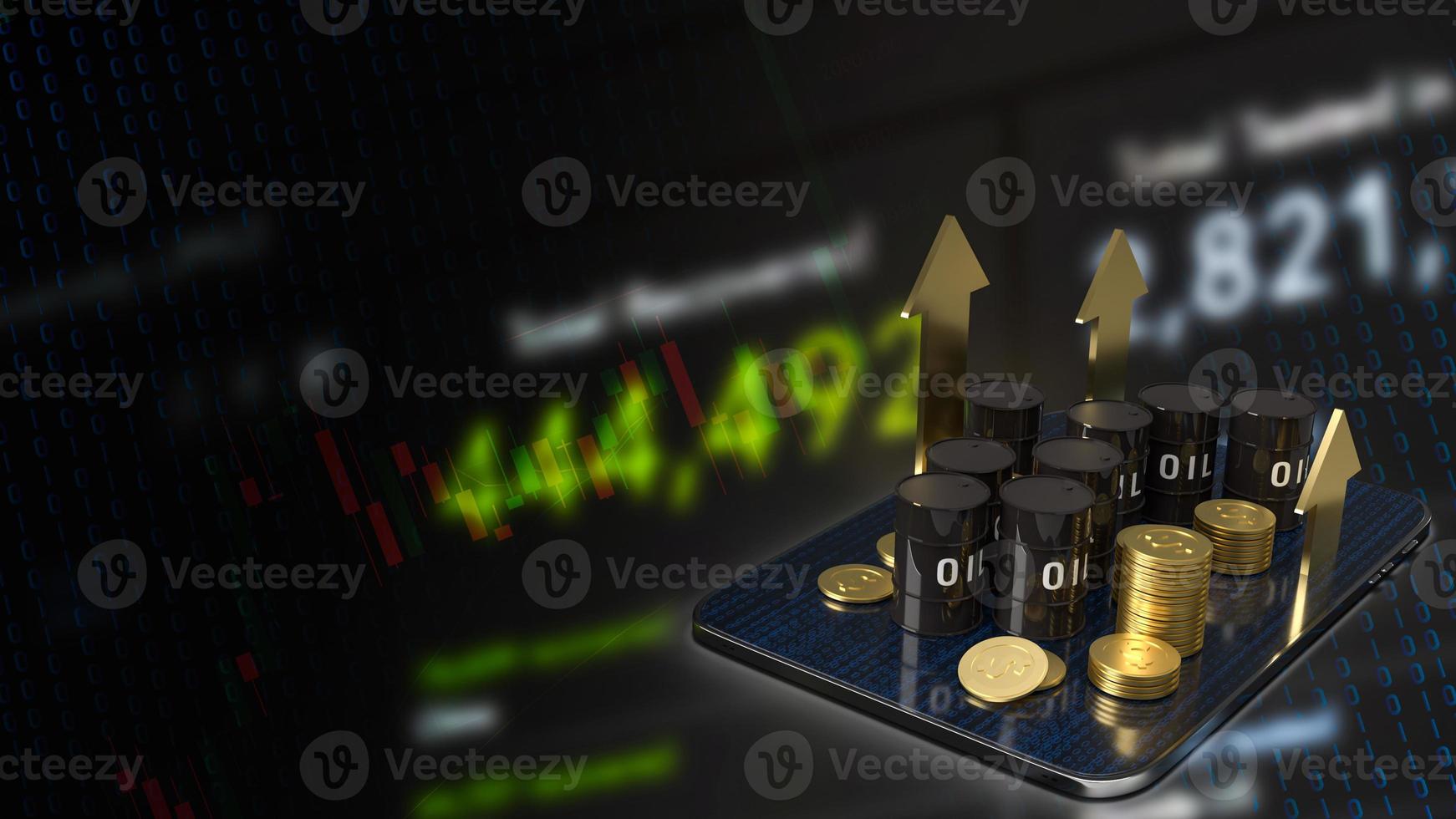 The oil tank on tablet and gold arrow up for  energy or petroleum business concept 3d rendering photo