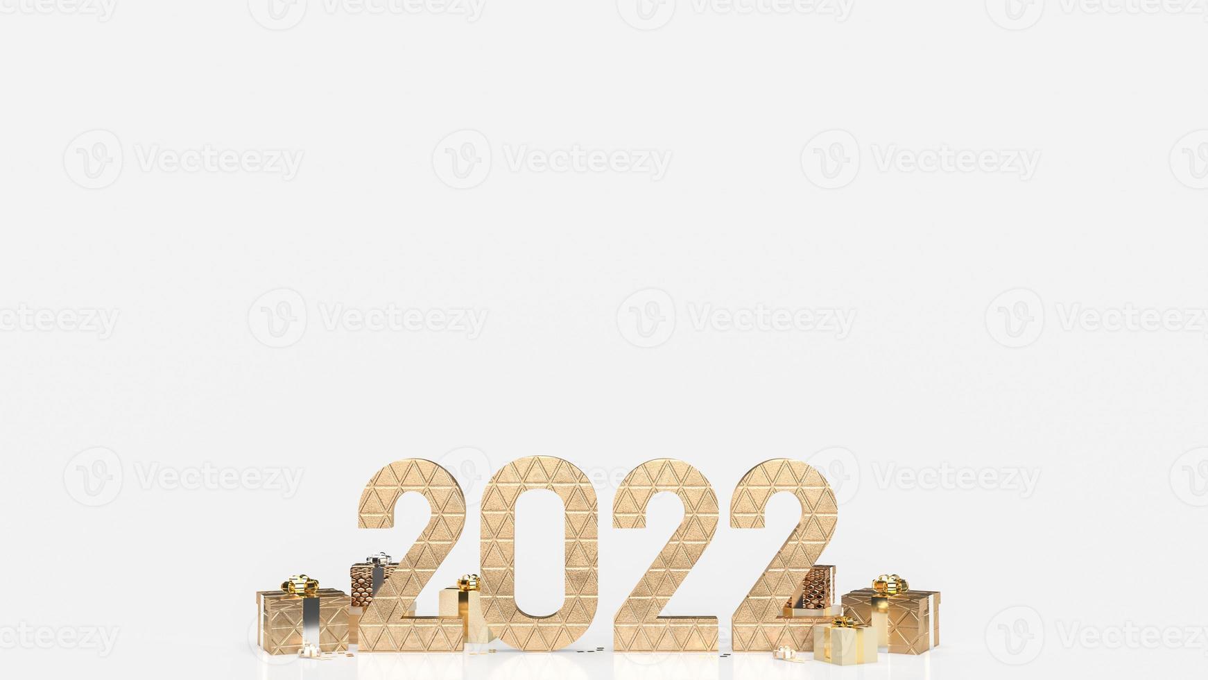 el número de oro 2022 y la caja de regalo sobre fondo blanco para año nuevo o concepto de negocio representación 3d foto