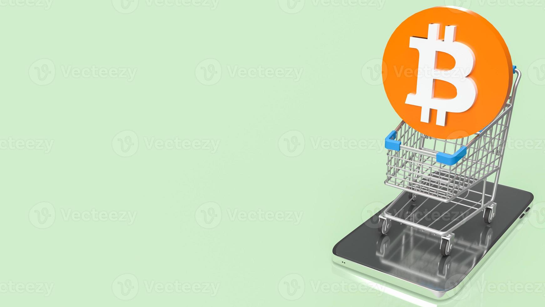 el bitcoin en el carro de la compra y el teléfono móvil para el concepto de criptomoneda representación 3d foto