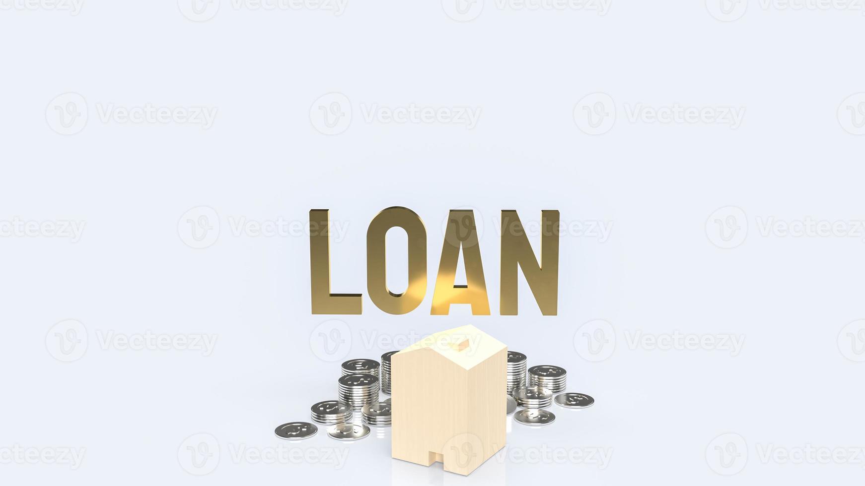 el texto del préstamo monedas de oro y casa de madera sobre fondo blanco para el concepto de negocio 3d foto