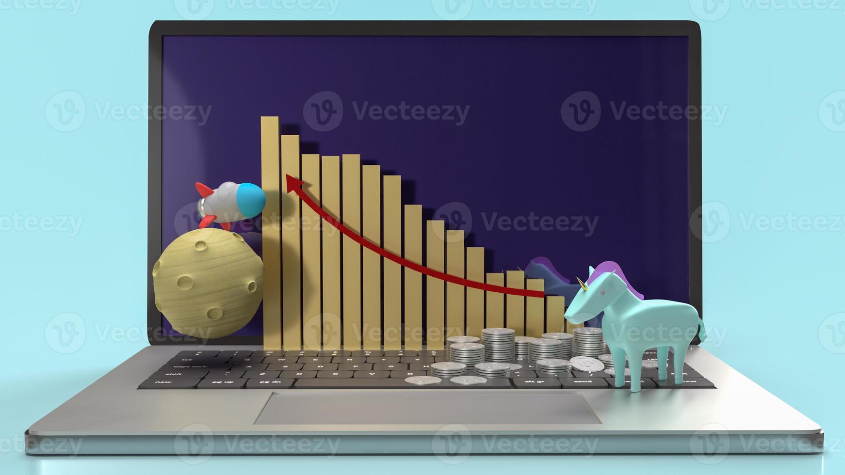 The unicorn and rocket on notebook for startup content 3d rendering. photo