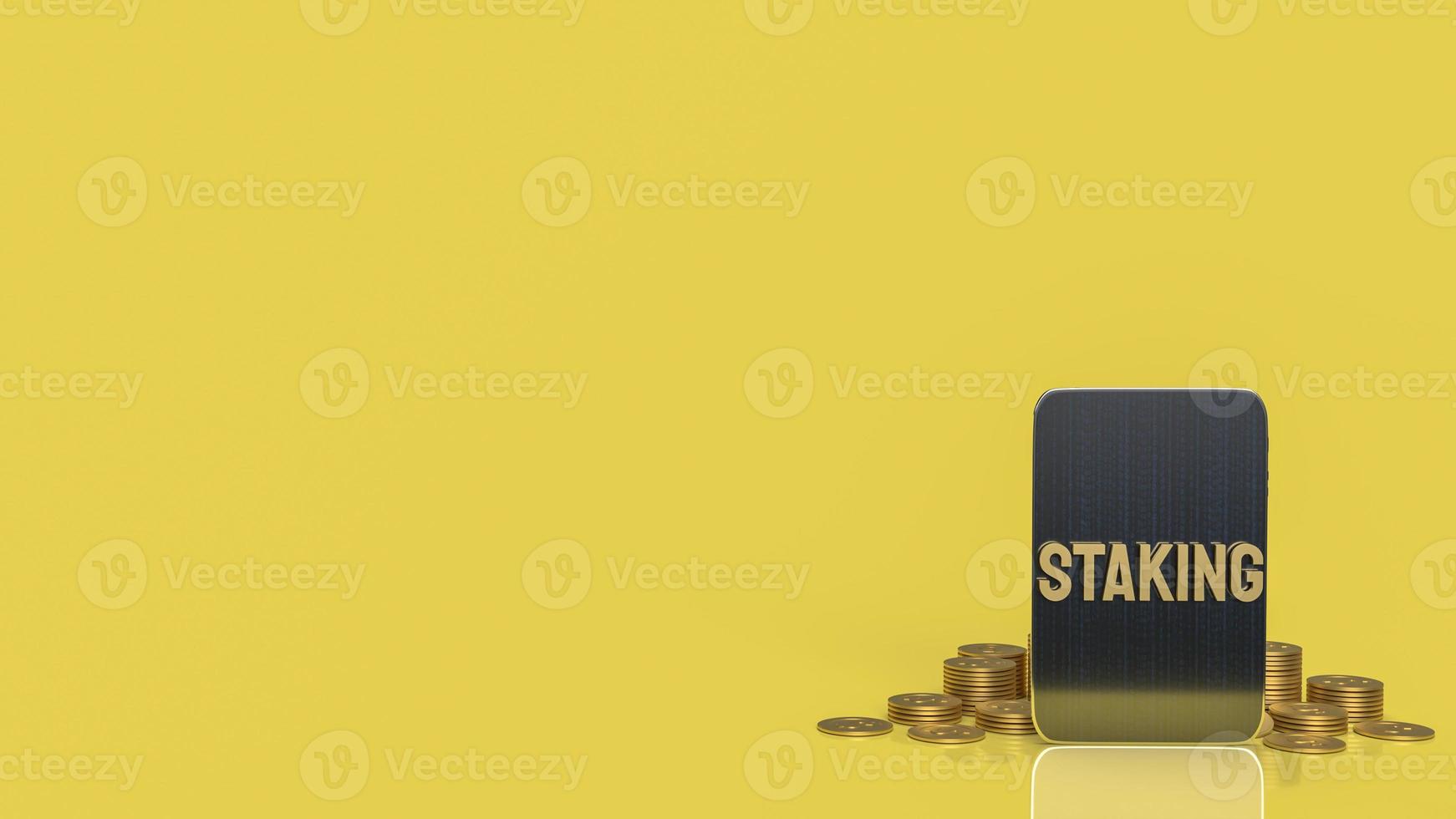 The gold word staking and tablet for business or cryptocurrency concept 3d rendering. photo