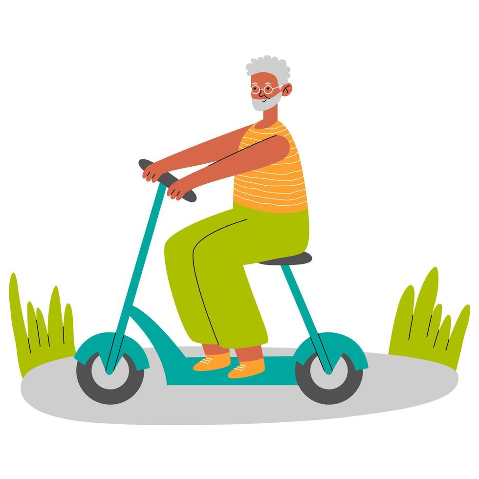 anciano negro en el asiento del scooter eléctrico. abuelo moderno con ciclomotor ecológico. jinete sentado en la silla del transporte urbano de moda. vector