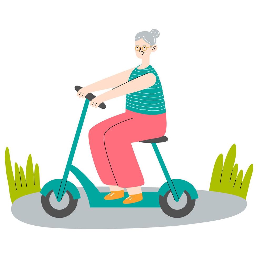 Old woman on seat of electric scooter. Modern grandmother with eco-friendly moped. Rider sitting on chair of trendy urban transport. vector