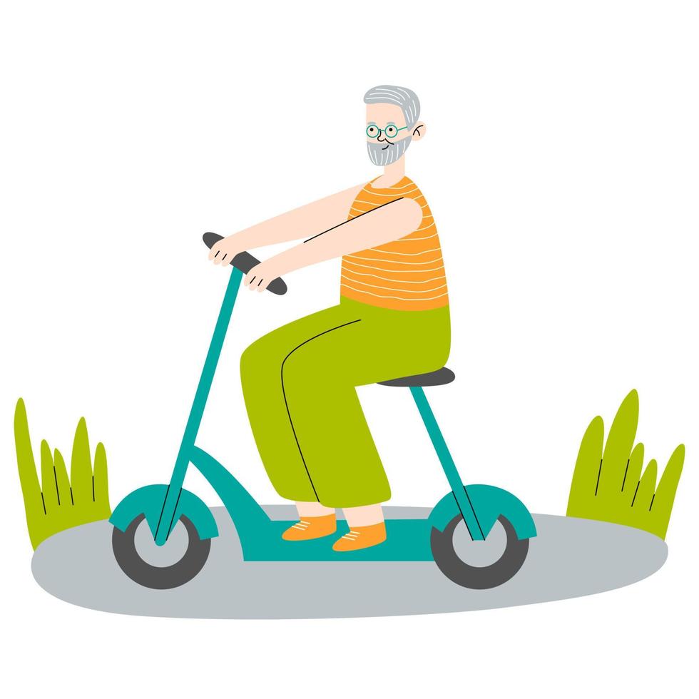 anciano en el asiento del scooter eléctrico. abuelo moderno con ciclomotor ecológico. jinete sentado en la silla del transporte urbano de moda. ilustración de vector plano de conductor de bicicleta aislado sobre fondo blanco