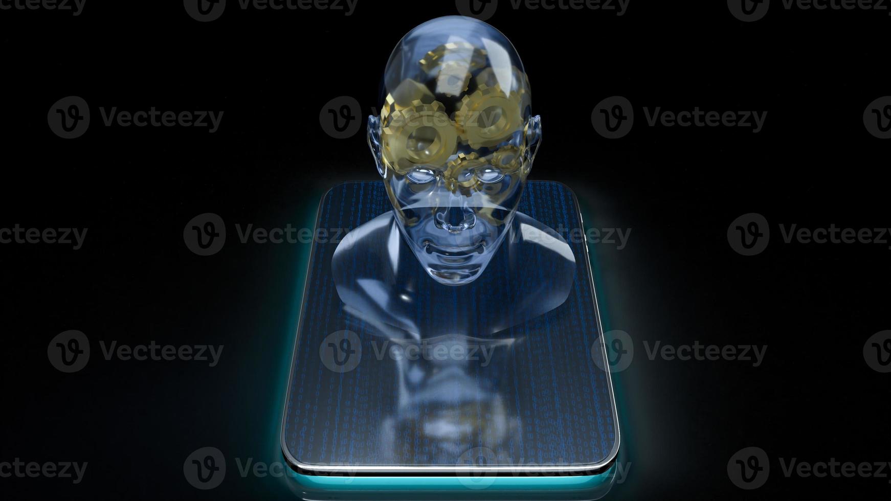 The human head crystal and gold gear inside on tablet  for machine learning or ai content 3d rendering photo
