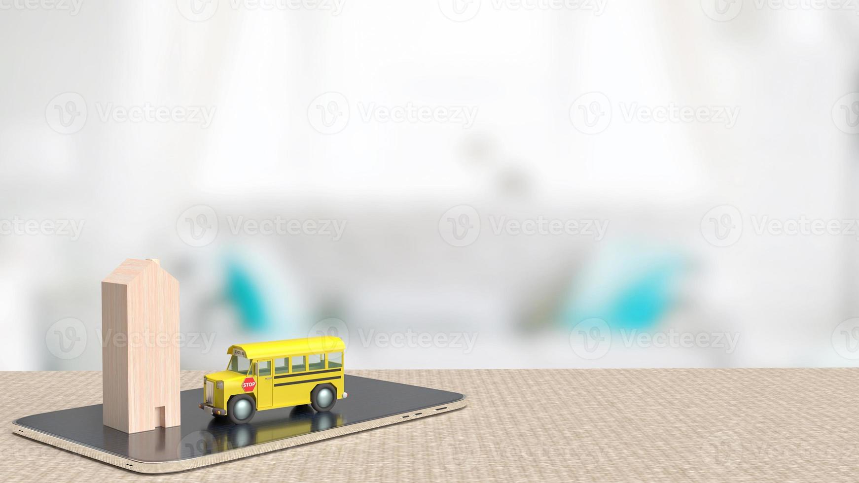 The school bus and wood home on tablet for education concept 3d rendering photo