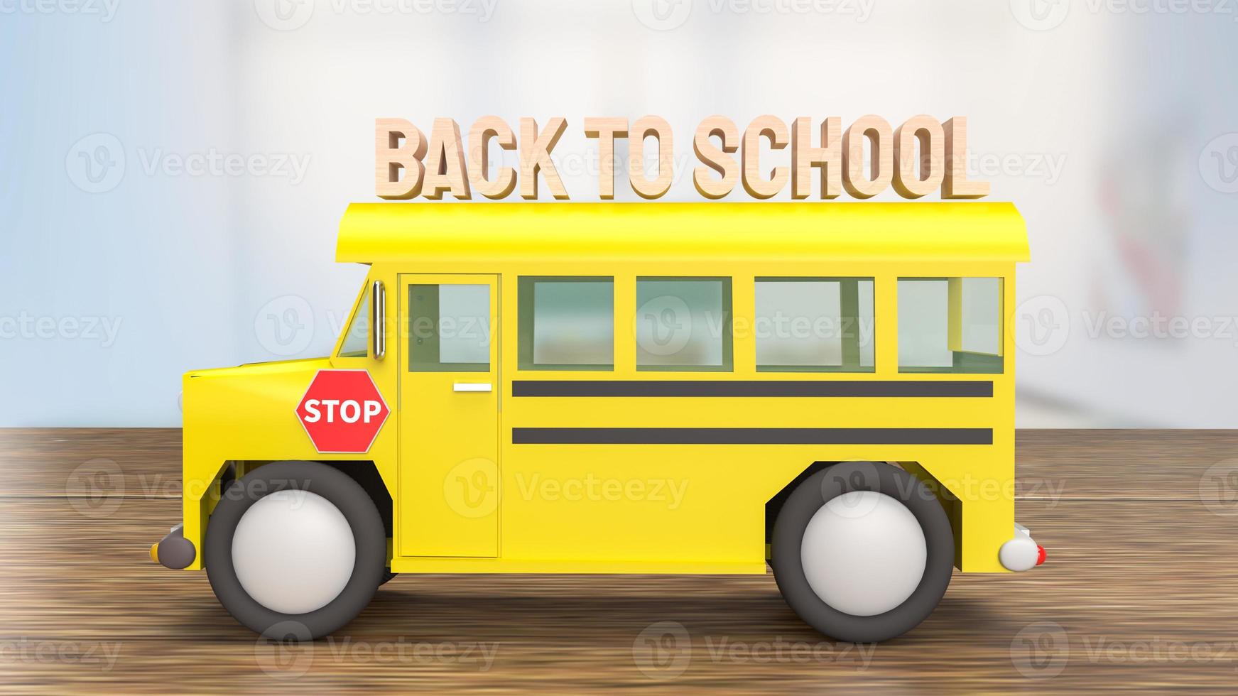 The schoolbus on wood table for back to school concept 3d rendering photo