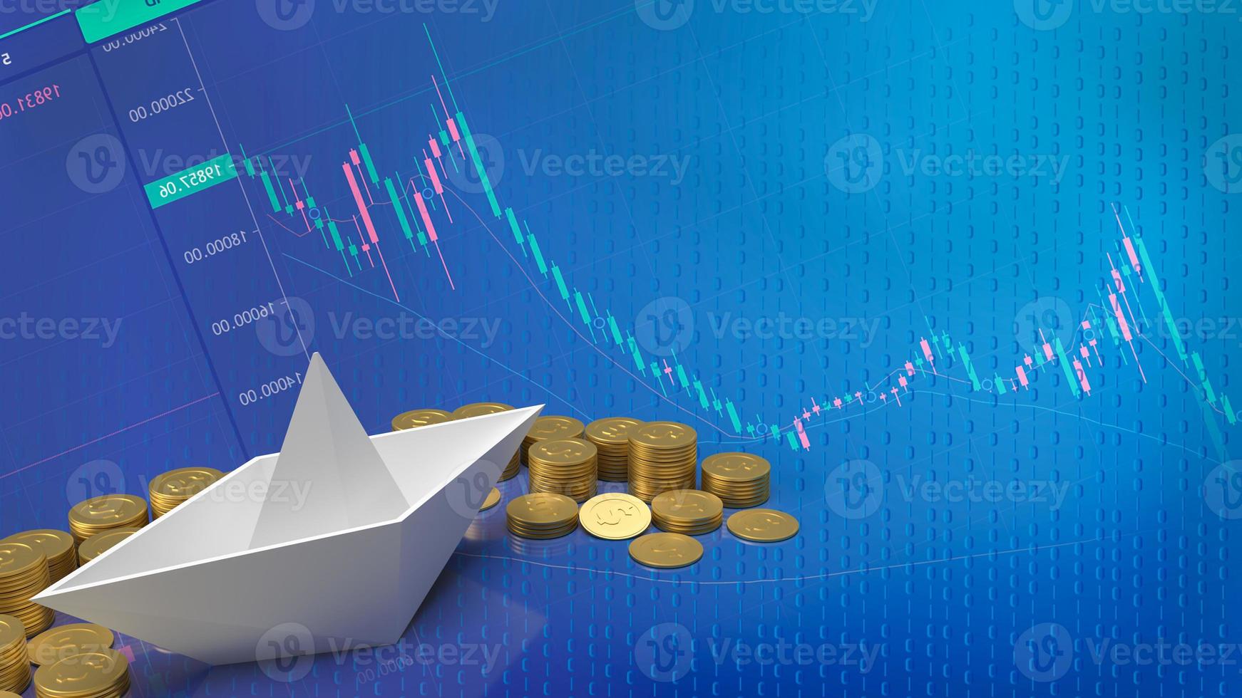 The white paper boat and gold coins for business concept 3d rendering photo