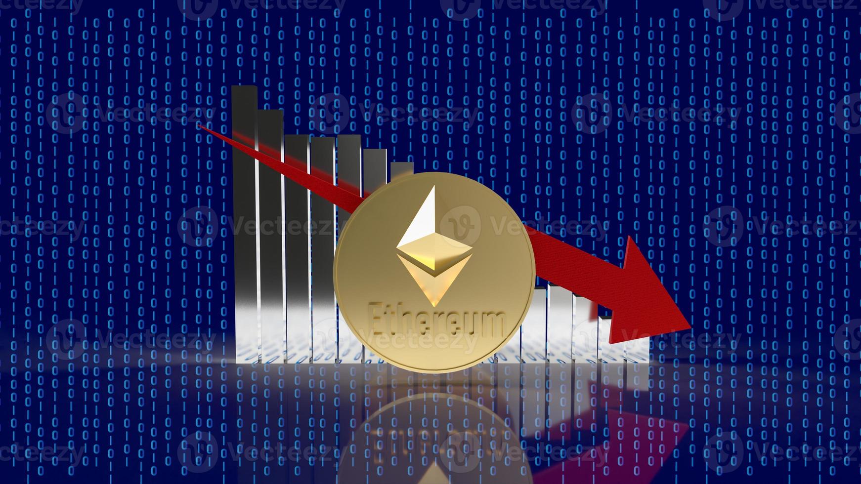 The  ethereum coin and chart  red arrow chart on digital background 3d rendering photo