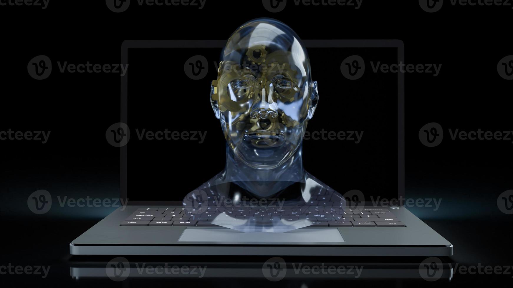 The human head crystal and gold gear inside on laptop  for machine learning or ai content 3d rendering photo