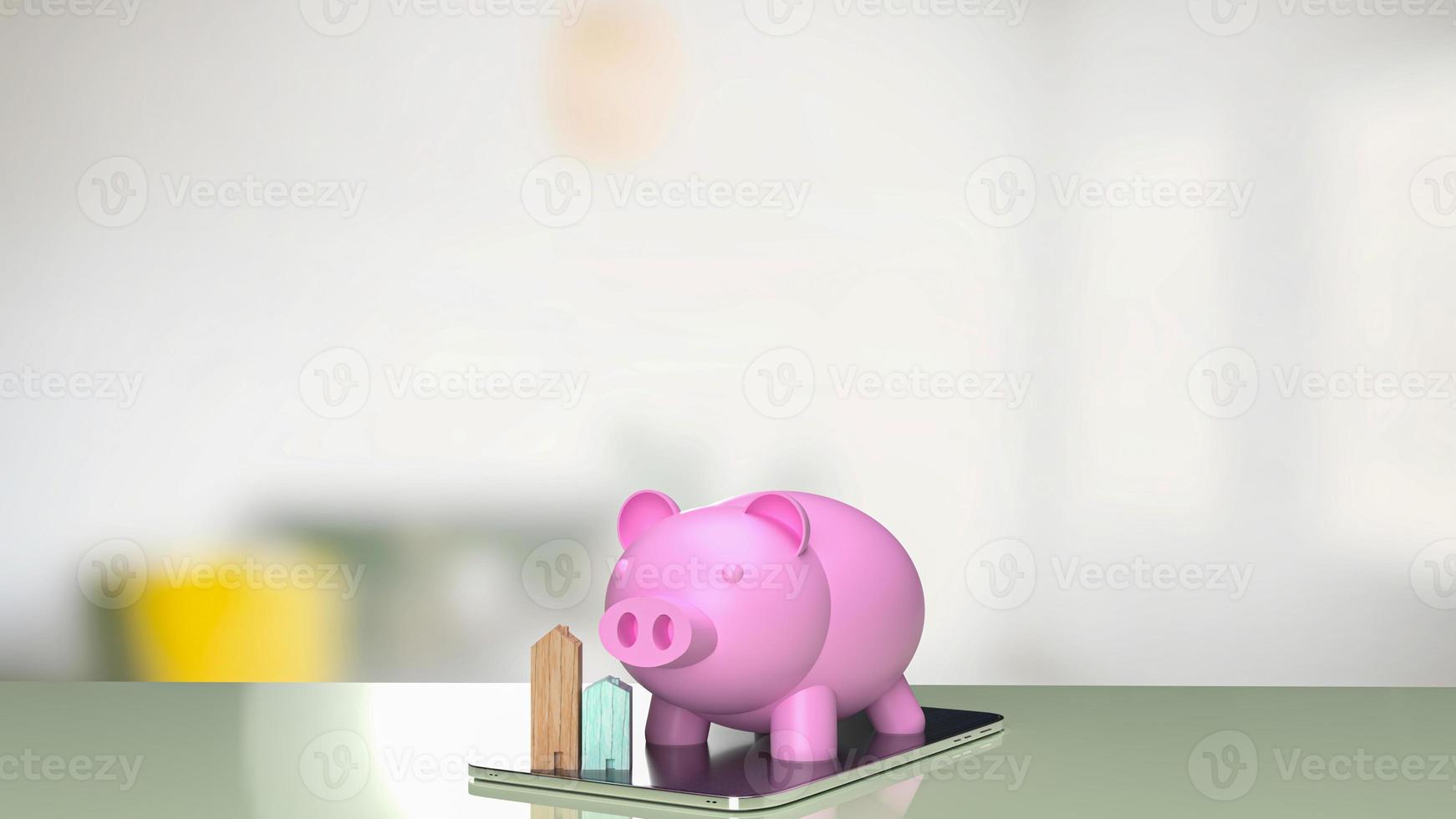 pink piggy bank and wood home on tablet for  property business concept 3d rendering photo