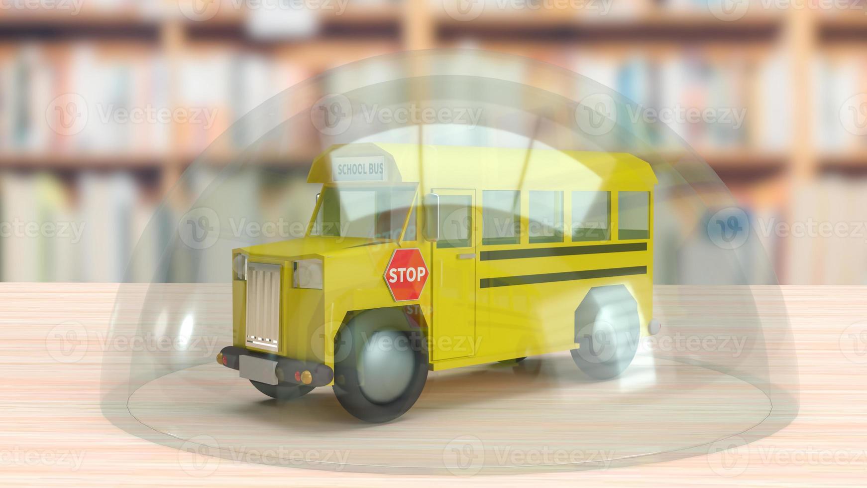 school bus  and glass dome on wood table for education and outbreaks concept 3d rendering photo