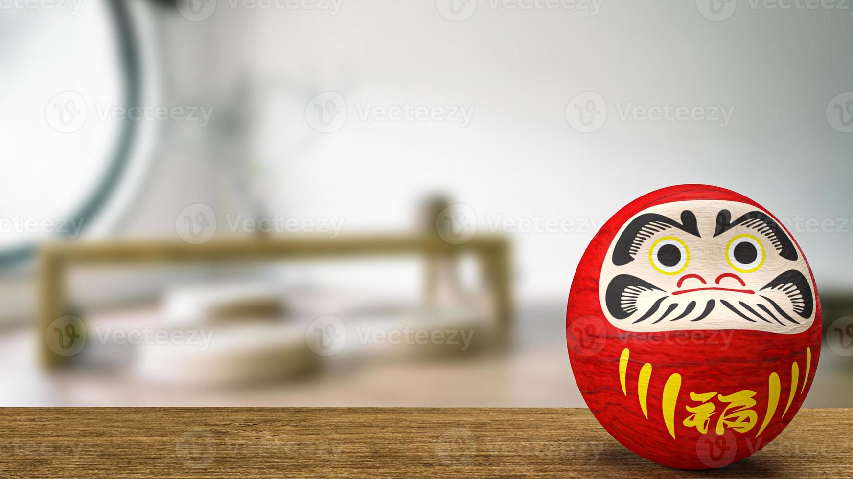 muñeca japonesa daruma en la representación 3d de la mesa de madera foto