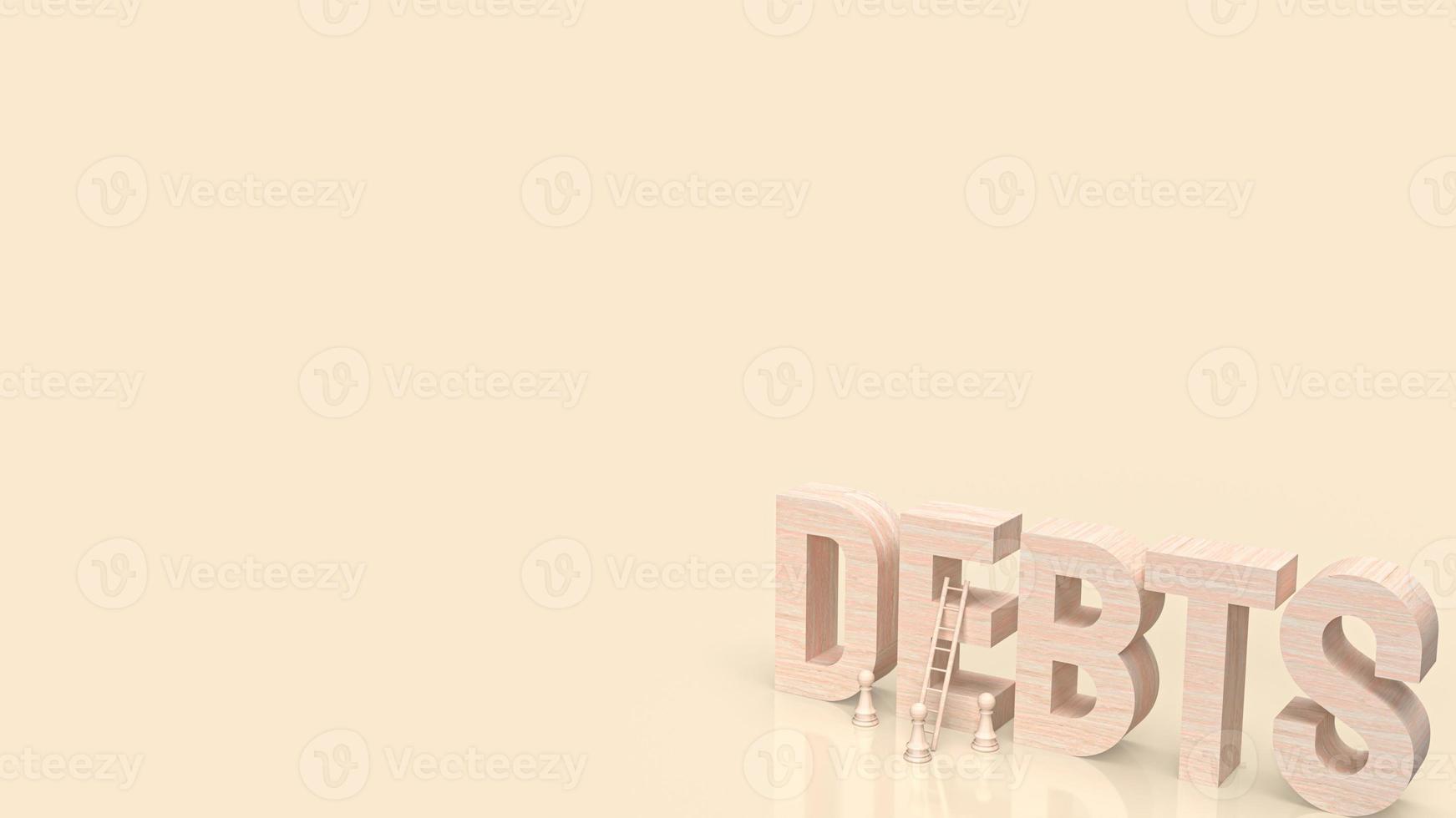 el texto de madera de las deudas para la representación 3d del concepto de negocio foto