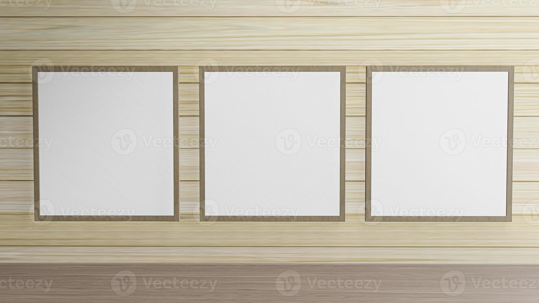 The blank picture frame on wood wall for background content 3d rendering. photo