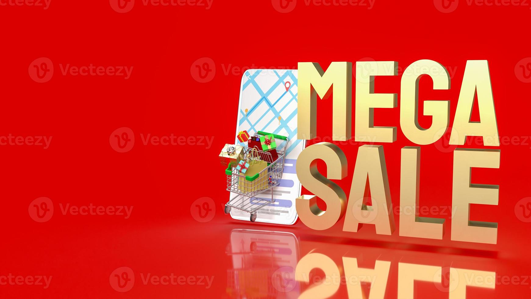 The shopping cart on mobile application and mega sale gold text for  online market 3d rendering photo