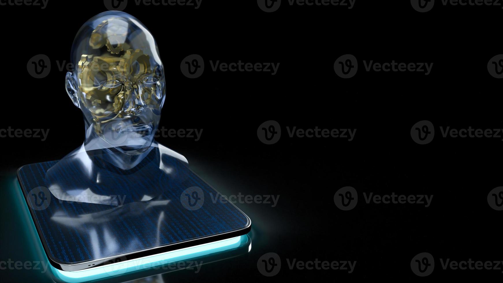 The human head crystal and gold gear inside on tablet  for machine learning or ai content 3d rendering photo