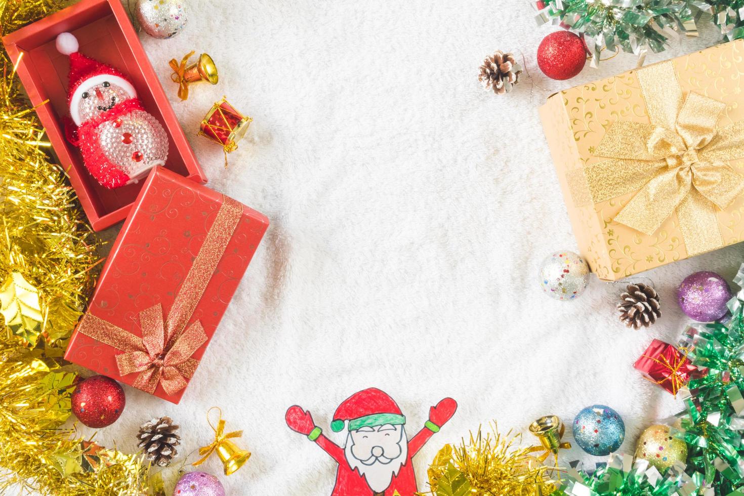 Top view of Gift boxes with Christmas decoration on white background. photo