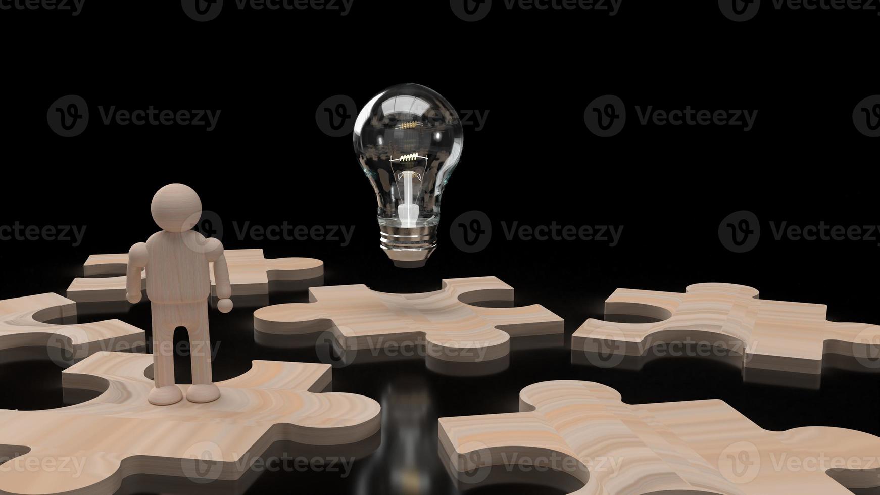 The Light bulb and wood human figure on jigsaw 3d rendering. photo