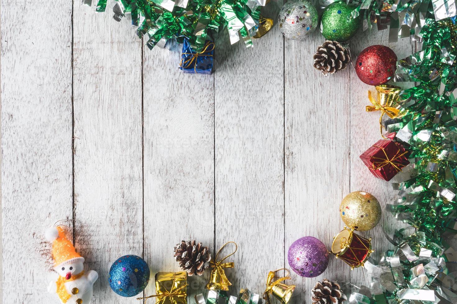 Top view of Christmas decoration on white wooden table background, Free space for text photo