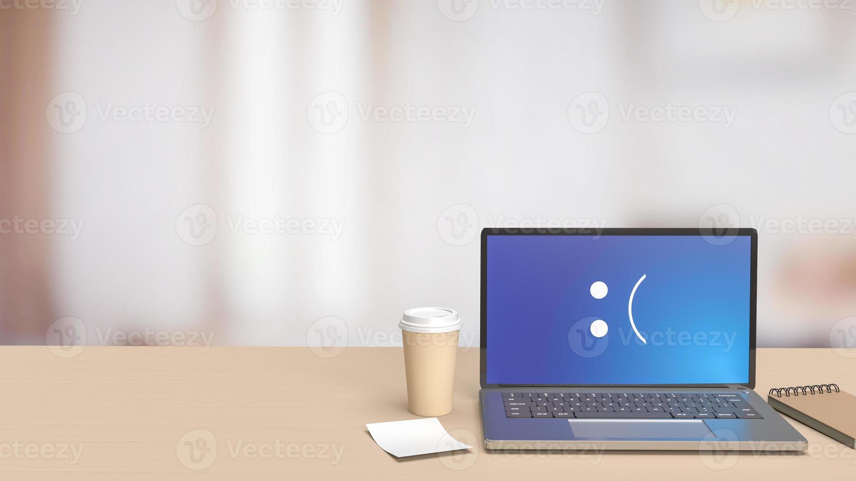 The laptop on wood table showing  blue screen error   3d rendering photo