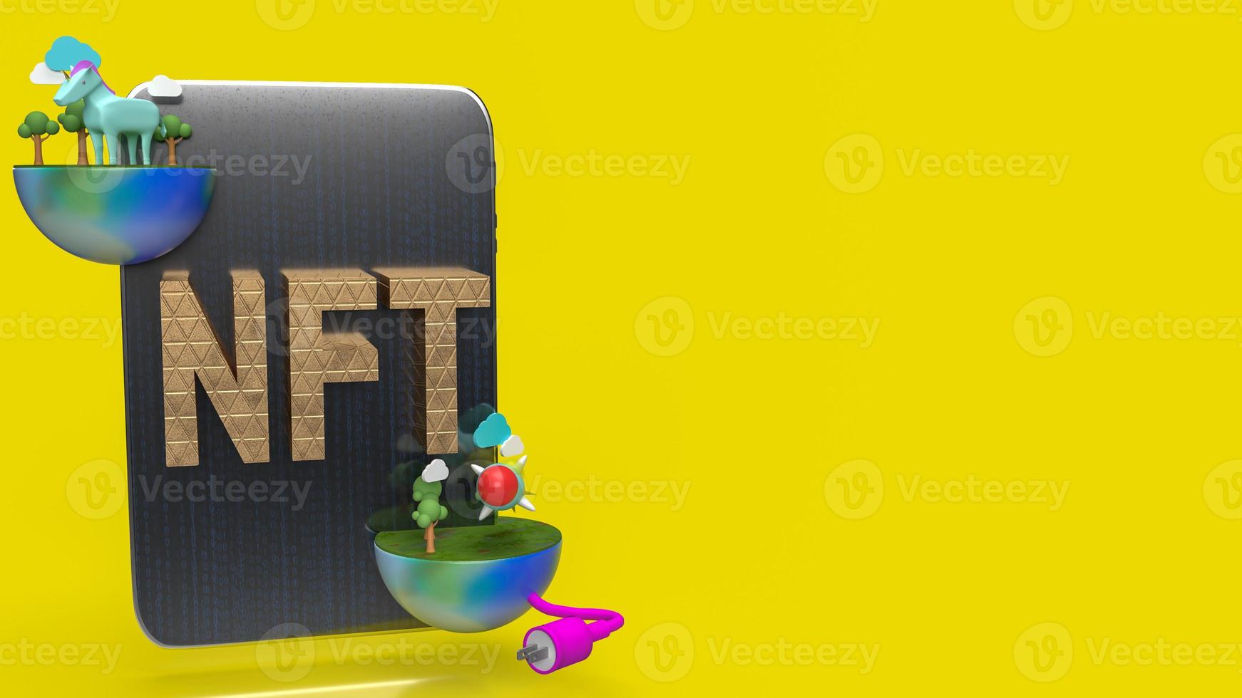 The gold nft text on tablet  yellow background  3d rendering photo